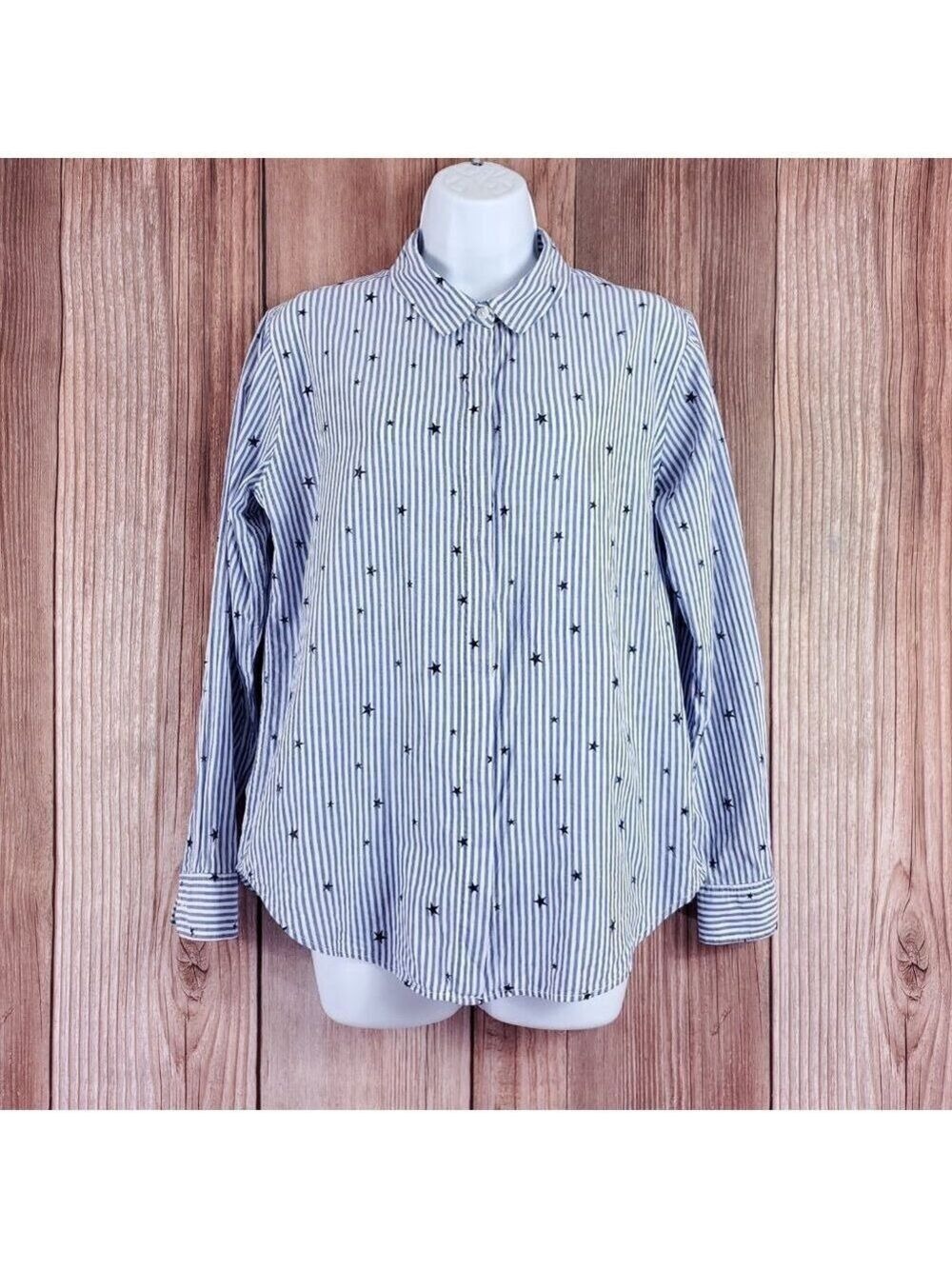 Rails Taylor Striped Star Shirt Womens Medium Blue White Flocked Navy Stars